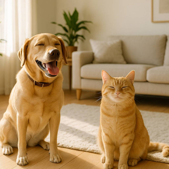 Glücklicher Hund und zufriedene Katze in sauberem Wohnzimmer – Symbol für erfolgreiche Flohbekämpfung bei Haustieren und in der Wohnung