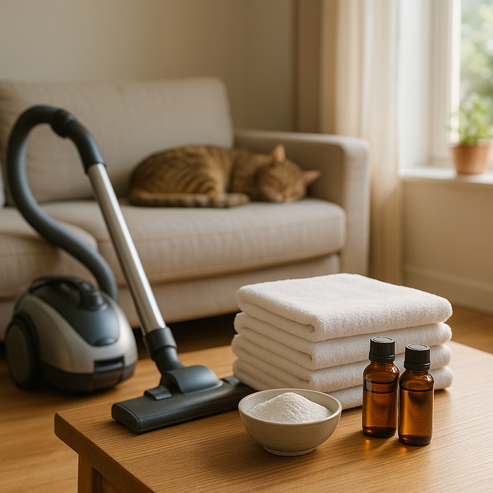 Heller Wohnraum mit schlafender Katze auf dem Sofa, Staubsauger, gefalteten Handtüchern, Kieselgur und ätherischen Ölen – natürliche Hausmittel gegen Flöhe im Haushalt.