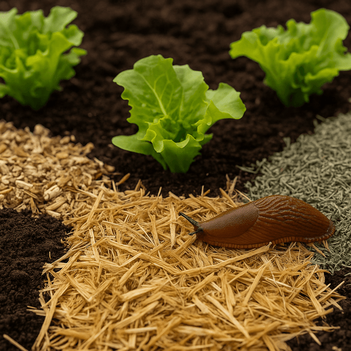 Gemüsebeet mit verschiedenen Mulchmaterialien – darunter Stroh, Kaffeesatz, Miscanthus und Kräuter – mit brauner Nacktschnecke im Vordergrund zwischen jungen Salatpflanzen
