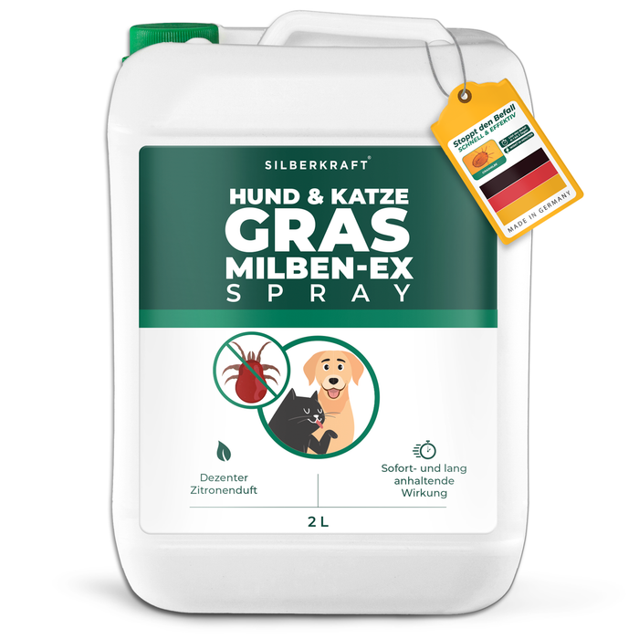 Silberkraft Grasmilben EX Spray in einem weißen Kanister mit grünem Etikett und einem Hund- und Katzensymbol, mit der Aufschrift "Grasmilben EX Spray".