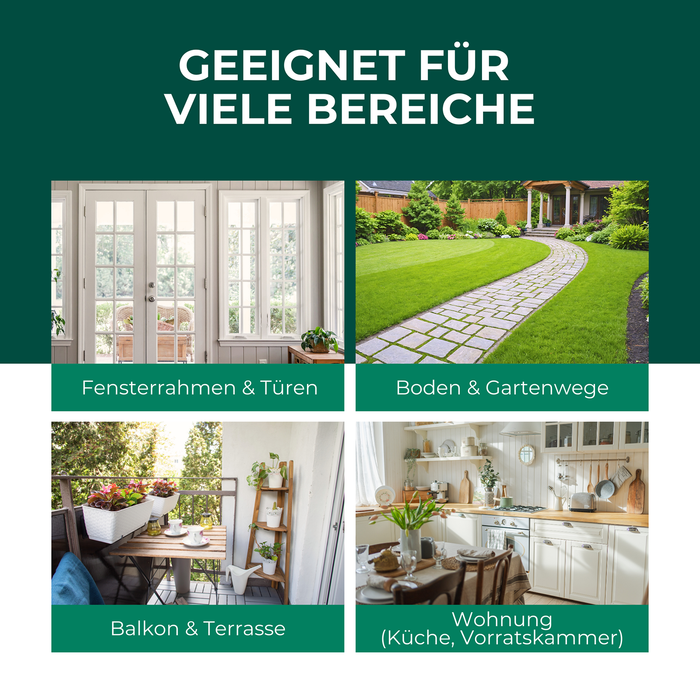 Silberkraft Ameisenspray mit Text, der die verschiedenen Anwendungsbereiche hervorhebt, z.B. auf Terrassen, Wegen, im Haus oder auf Pflanzen.