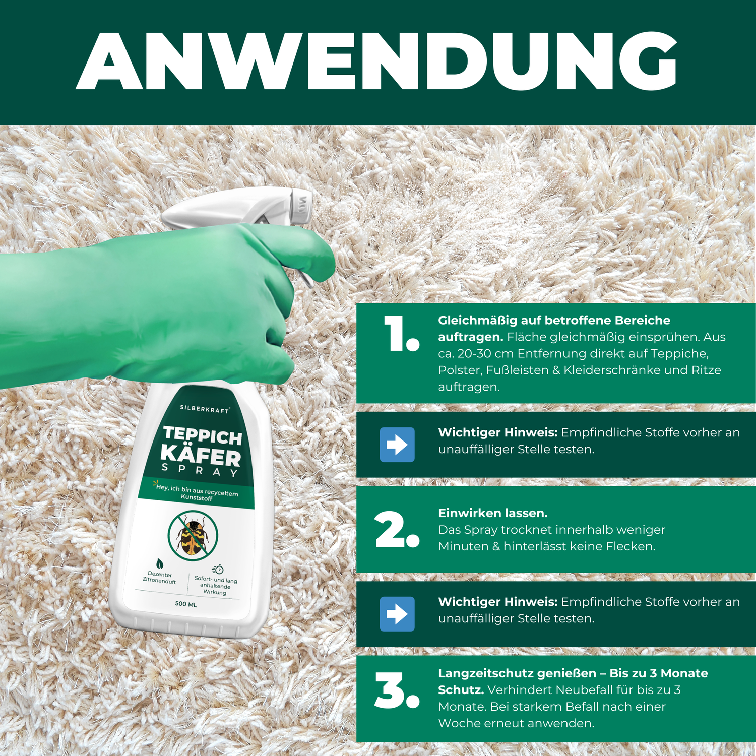 Schritt-für-Schritt-Anleitung zur Anwendung: gleichmäßiges Auftragen, Einwirken lassen und langanhaltenden Schutz genießen.