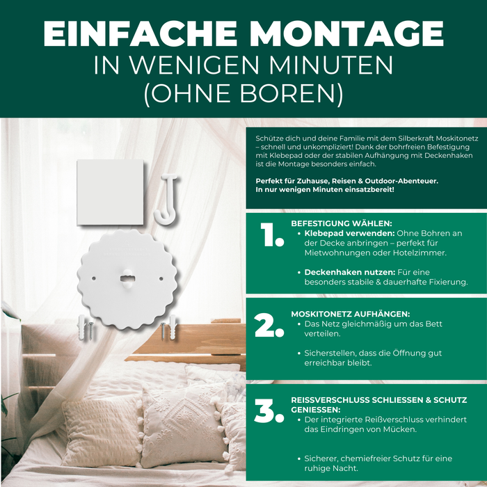 Einfache Montage des Moskitonetzes ohne Bohren – Befestigungsmöglichkeiten mit Klebehaken oder Schraubhaken für flexible Nutzung in Mietwohnungen, Hotels oder beim Camping.