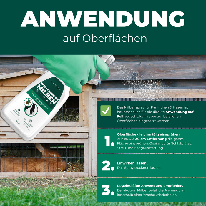 Anwendung von Milbenspray auf Oberflächen: Eine Hand mit grünem Handschuh sprüht Silberkraft Hasen & Kaninchen Milben Spray auf einen hölzernen Kaninchenstall, in dem ein Kaninchen liegt. Textanleitung erklärt die Anwendung: 1. Gleichmäßig aus 20-30 cm Entfernung einsprühen, 2. Einwirken lassen, 3. Regelmäßige Anwendung zur Milbenabwehr empfohlen. Das Spray ist für Käfige, Schlafplätze und Streu geeignet.