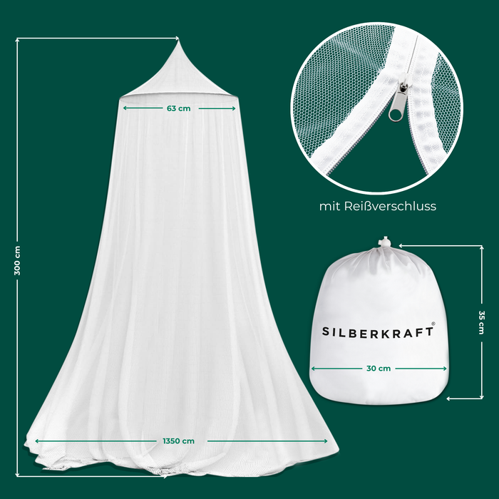 Moskitonetz mit Reißverschluss und Maße – Baldachin-Moskitonetz mit 300 cm Höhe und 1350 cm Umfang. Detailaufnahme des integrierten Reißverschlusses für einfachen Zugang.