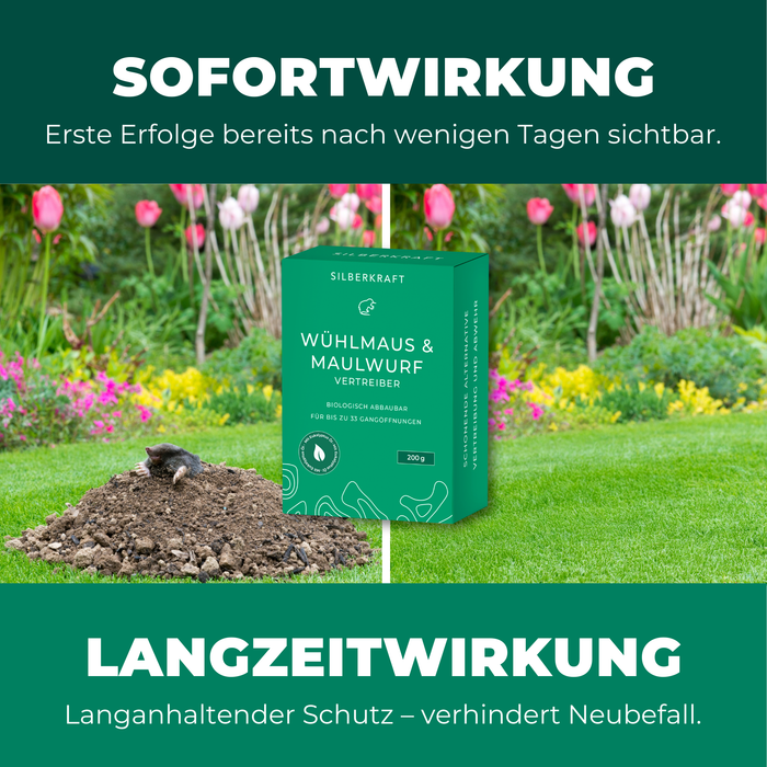 Silberkraft Wühlmaus & Maulwurf Vertreiber. Effektive Sofortwirkung und langanhaltender Schutz gegen Wühlmäuse und Maulwürfe. Biologisch abbaubare Maulwurfabwehr mit Eukalyptusöl für bis zu 33 Gangöffnungen, ideal für den Garten.