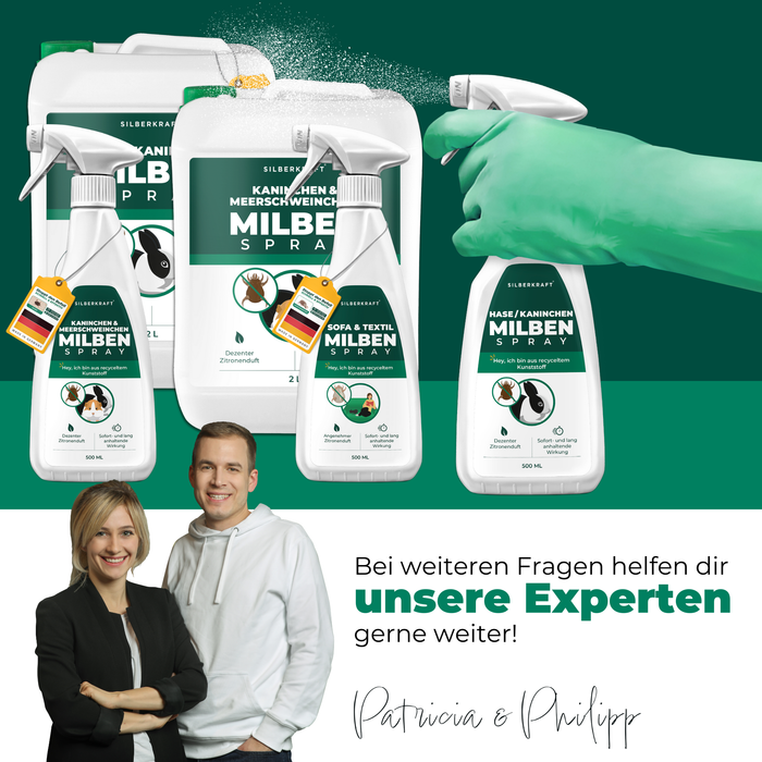 Silberkraft Milbensprays für Kaninchen, Meerschweinchen und Textilien: Produktpalette mit verschiedenen Milben-Sprays in 500 ml und 2L-Flaschen. Eine Hand mit grünem Handschuh sprüht das Mittel. Unten im Bild: Patricia und Philipp als Experten mit dem Text 'Bei weiteren Fragen helfen dir unsere Experten gerne weiter!