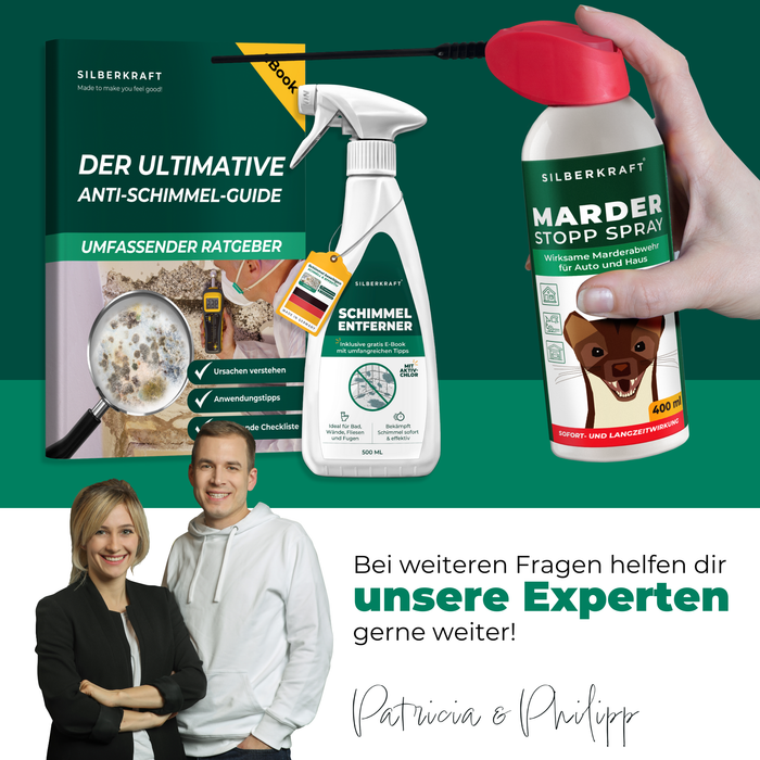Silberkraft Marder-Stopp-Spray zusammen mit anderen Produkten zur Marderbekämpfung. Die Experten von Silberkraft stehen bei Rückfragen zur Verfügung.