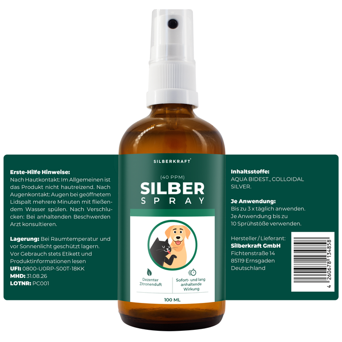 Kolloidales Silberspray 100 ml - Spray zur Wundheilung - Hautpflege bei Ungezieferbefall, Juckreiz, Infektionen, Entzündungen - für Hunde, Katzen, Nagetiere und andere Haustiere