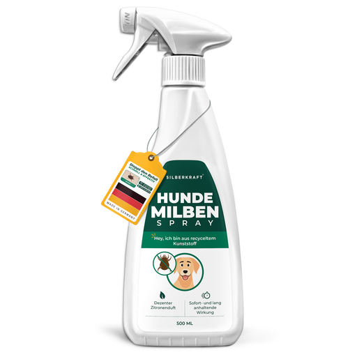 Silberkraft Hunde Milbenspray – 500 ml Sprayflasche zur Milbenabwehr für Hunde, mit Zitronenduft und langanhaltender Wirkung. Hergestellt in Deutschland, Flasche aus recyceltem Kunststoff.