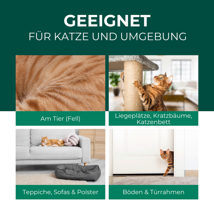 Silberkraft Milbenspray mit Text, der die Anwendungsbereiche für Katze und Umgebung hervorhebt, z.B. auf dem Fell, im Körbchen oder auf Textilien.
