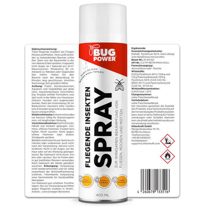 BugPower spray contro gli insetti volanti 400 ml - ampio spettro d'azione - azione rapida e con effetto abbattente
