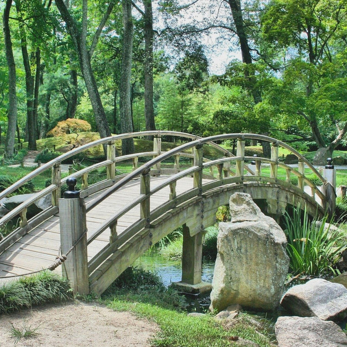 Blick auf eine Brücke in einem Garten