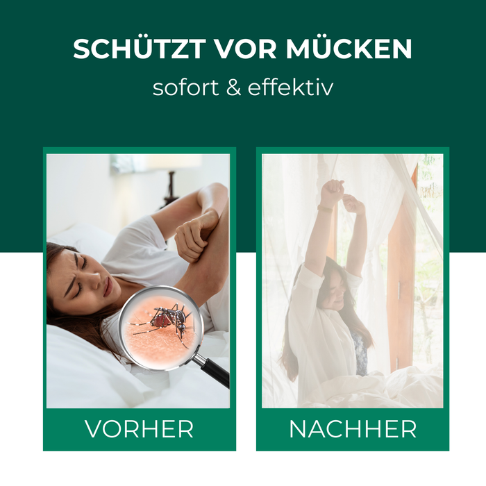 Vorher-Nachher-Vergleich mit Moskitonetz – Links eine Frau mit Mückenstich und Juckreiz, rechts die gleiche Frau entspannt unter einem Moskitonetz nach erholsamem Schlaf.