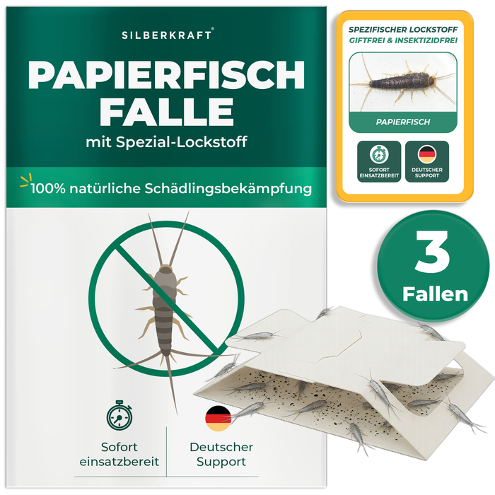 3er Set - Silberkraft Papierfisch Falle mit integriertem Spezial-Lockstoff zur Bekämpfung von Papierfischen im Haushalt
