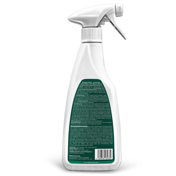 Silberkraft Milbenspray mit einer Detailansicht der Inhaltsstoffe und Anwendungsweise.