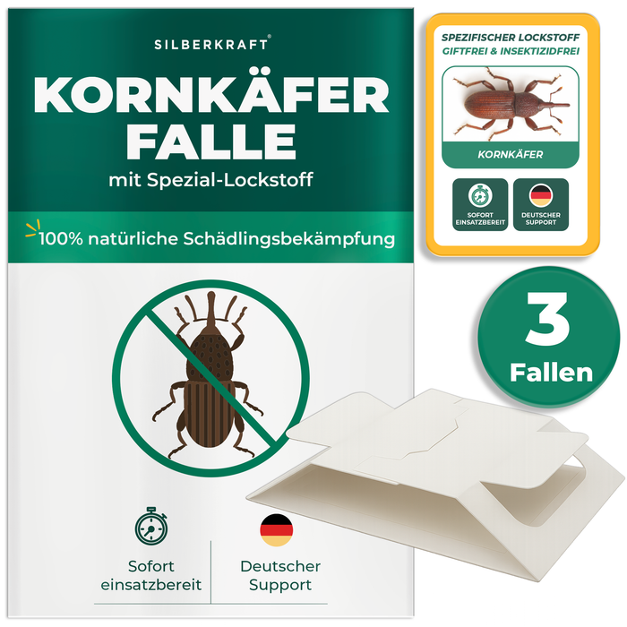 3x Kornkäferfalle mit integriertem Spezial-Lockstoff von Silberkraft – biozidfreie Klebefalle gegen Kornkäfer und Vorratsschädlinge