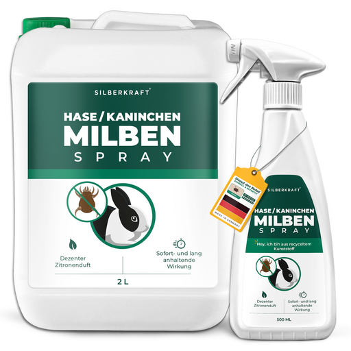 2 Liter Kanister + 500ml Flasche Silberkraft Hase/Kaninchen Milben Spray (2500 ml) zur Milbenabwehr bei Kaninchen und Kleintieren. Weißes Flaschendesign mit grünem Etikett, dezentem Zitronenduft und sofortiger sowie langanhaltender Wirkung. Eine Flasche mit Anhänger, der auf 'Made in Germany' und effektive Milbenbekämpfung hinweist.