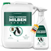 2 Liter Kanister + 500ml Flasche Silberkraft Hase/Kaninchen Milben Spray (2500 ml) zur Milbenabwehr bei Kaninchen und Kleintieren. Weißes Flaschendesign mit grünem Etikett, dezentem Zitronenduft und sofortiger sowie langanhaltender Wirkung. Eine Flasche mit Anhänger, der auf 'Made in Germany' und effektive Milbenbekämpfung hinweist.