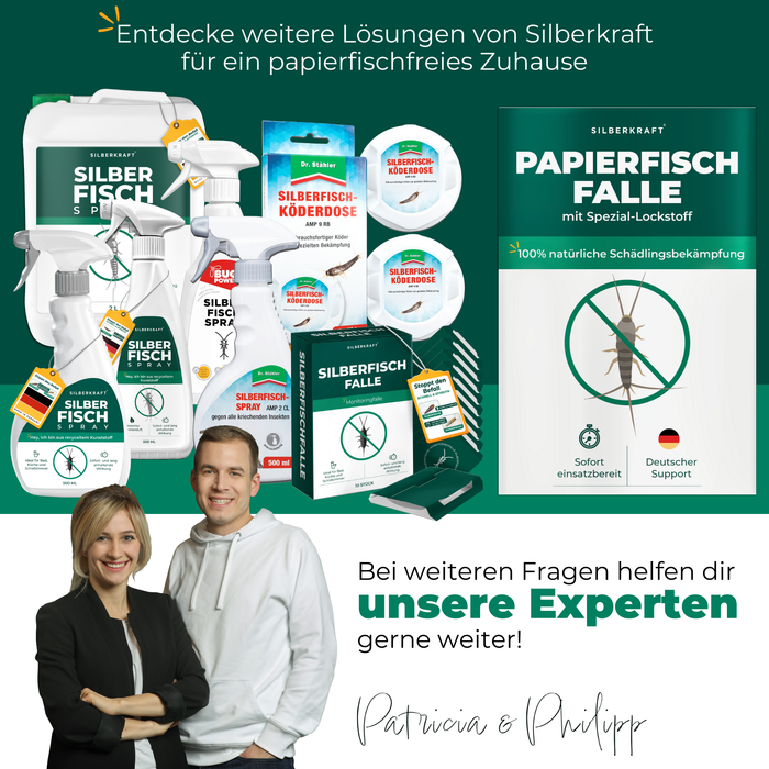 Übersicht verschiedener Silberkraft Produkte gegen Papierfische und Silberfischchen für den Innenbereich