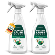 Zwei Flaschen Silberkraft Läuse Spray für Textilien. Weiß-grünes Design mit Aufschrift 'Dezenter Zitronenduft' und 'Sofort- und langanhaltende Wirkung'. Auf dem Etikett steht 'Hey, ich bin aus recyceltem Kunststoff'. Eine Flasche trägt ein gelbes Tag mit der Deutschlandflagge und dem Hinweis 'Made in Germany – Stoppt den Befall schnell & effektiv'.