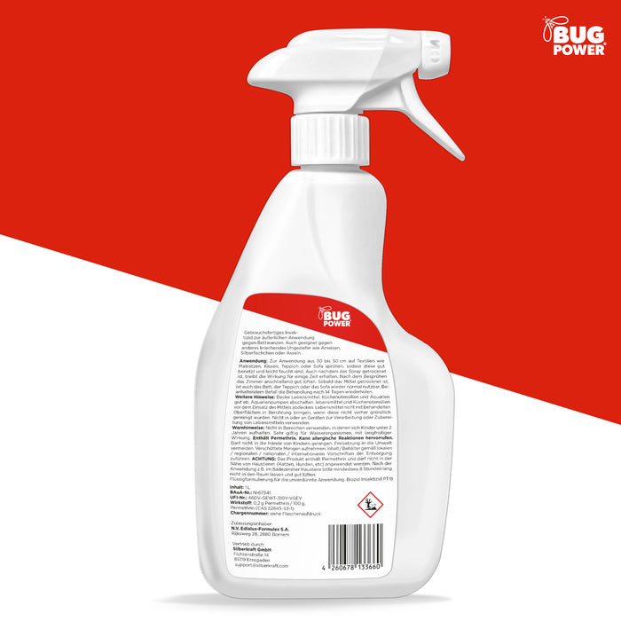 Spray per cimici dei letti BugPower 1 litro - efficace contro le cimici dei letti e le loro larve - effetto rapido e protezione di lunga durata
