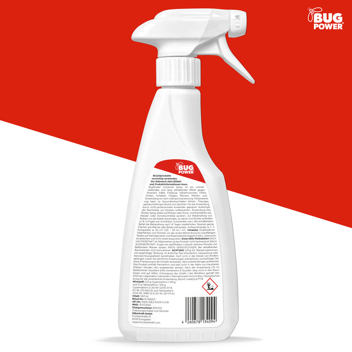 Spray anti-mites BugPower contre les mites des vêtements et des aliments - avec effet renversant