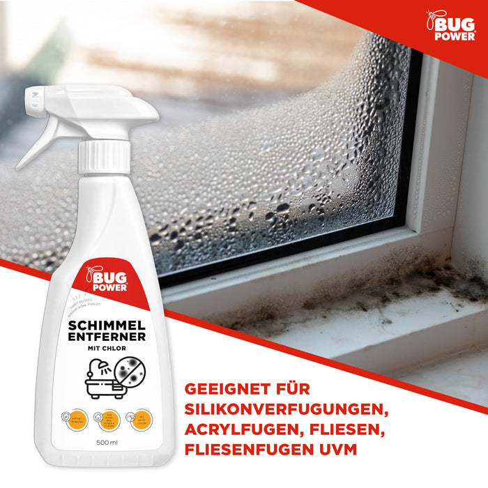 BugPower Schimmel Entferner Spray + Chlor - für Fliesen, Fugen, Wände & Decken Schimmelentferner