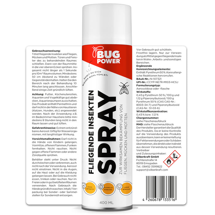 BugPower Spray gegen fliegende Insekten 400 ml - breites Wirkungsspektrum - schnelle Wirkung & mit Knock-Down-Effekt