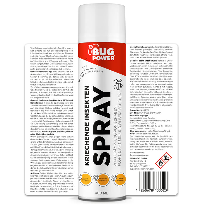 BugPower spray contre les insectes rampants et les guêpes 400 ml - large spectre d'activité - action rapide &amp; effet knock-down